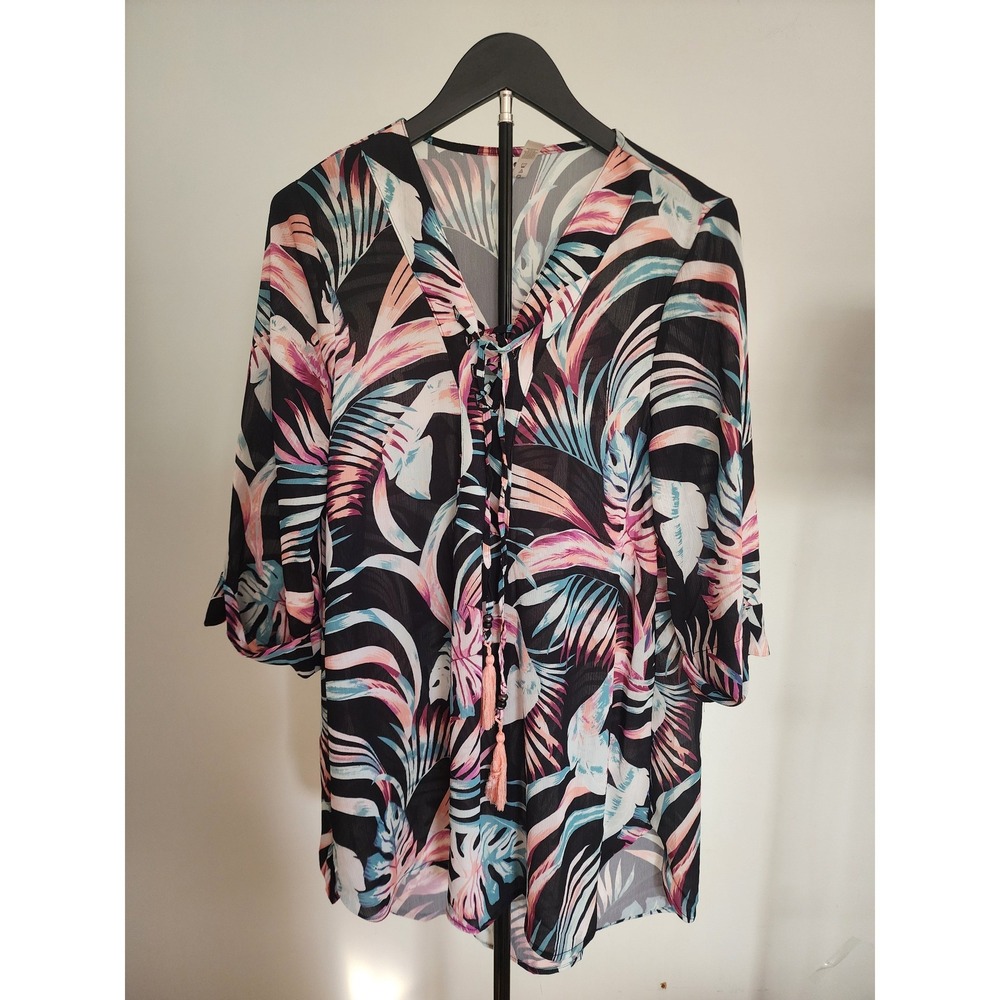 Apana Resort Tropical Palm‎ Leaf Cover Up Tunic Blouse M NWOT